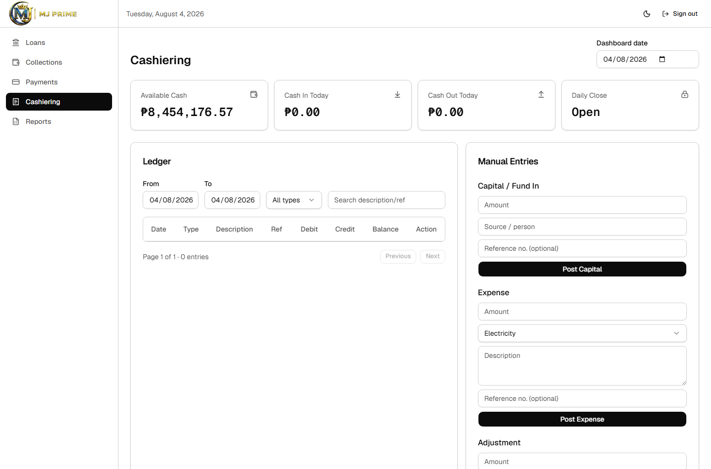 MJ Prime cashiering dashboard