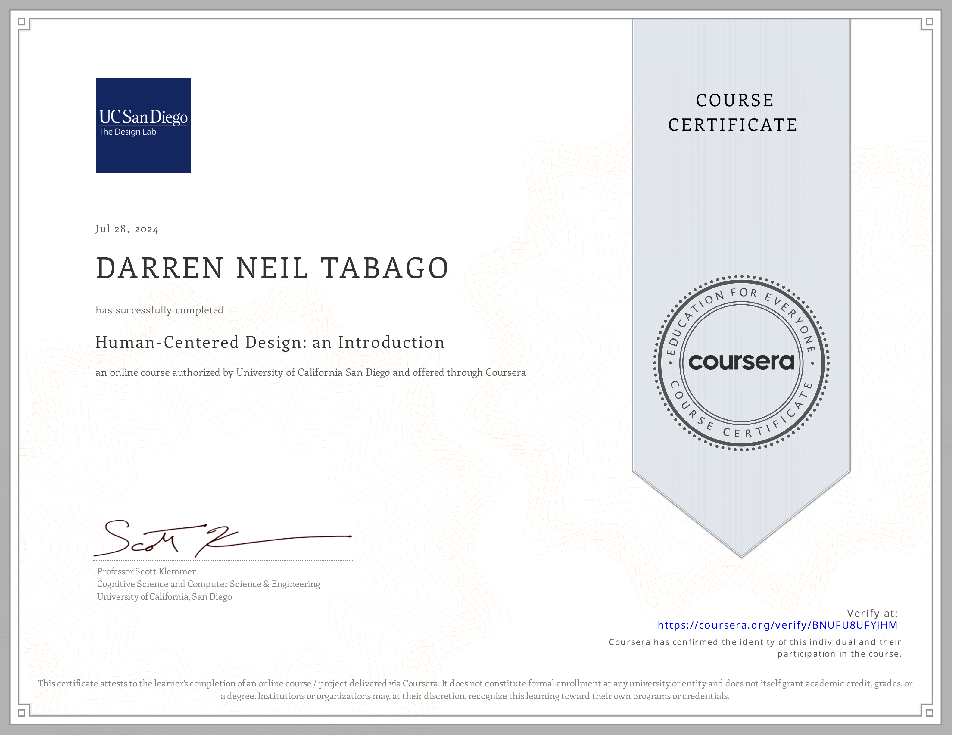 Human-Centered Design certificate preview