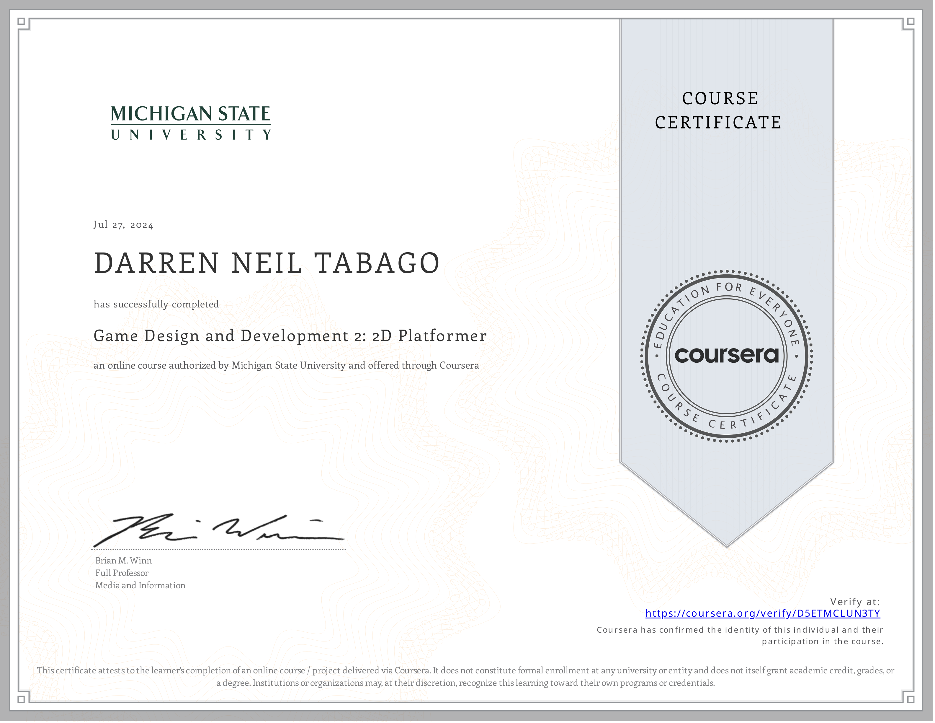 Game Design and Development 2 certificate preview